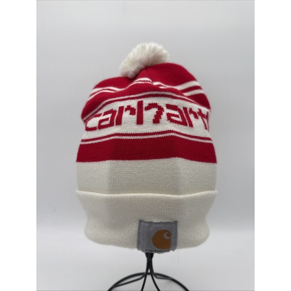 Carhartt Other - Carhartt Knit PomPom Cuffed Logo Beanie Red‎ & White Stocking Hat New